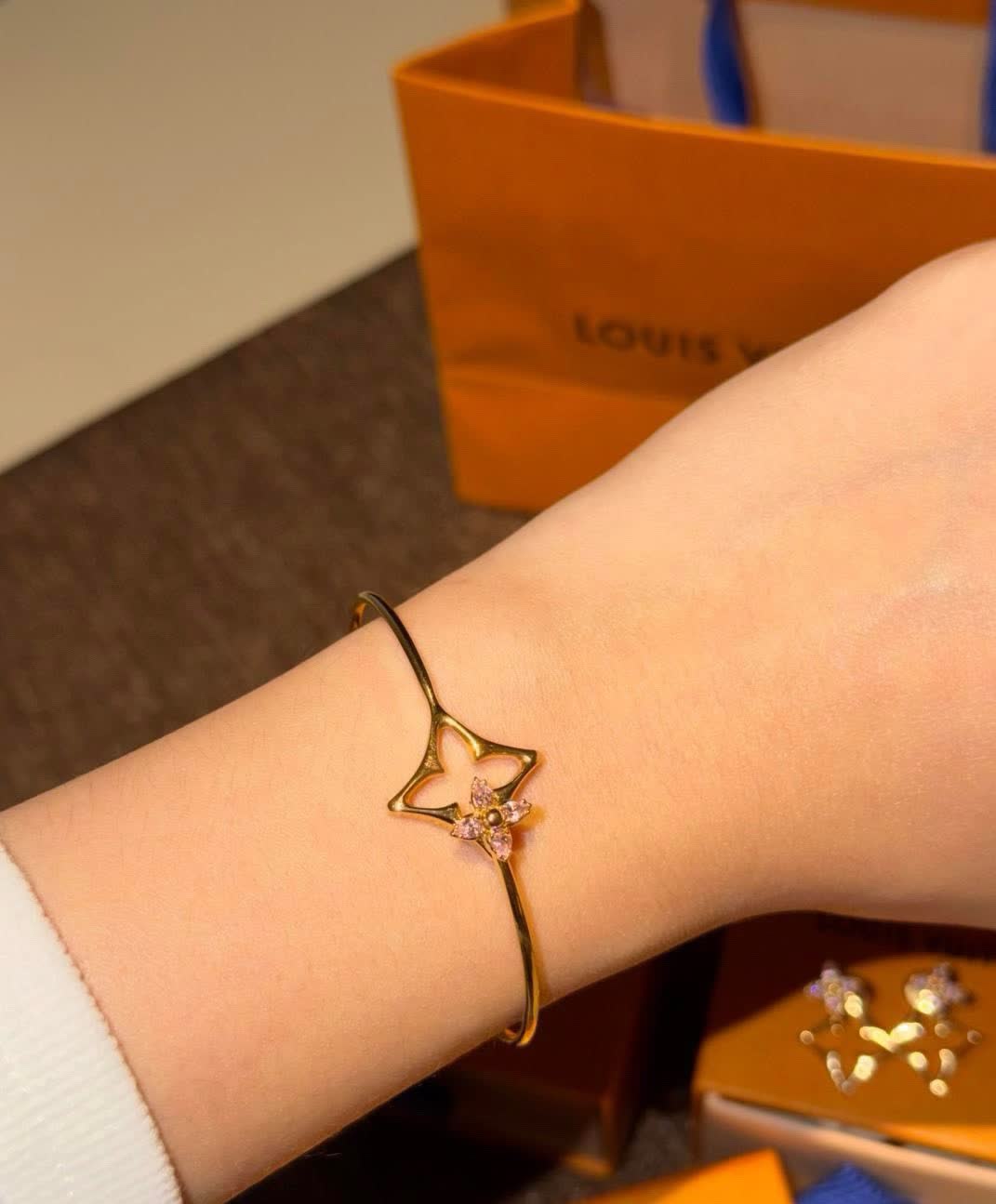 Louis Vuitton Gold Flower Bracelet with Pink Stones